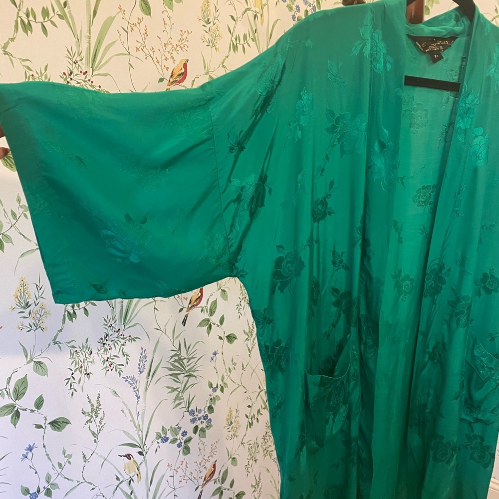 Vintage Green Floral Kimono Jacket Lightweight Rayon Robe Jodie Arden One Size - Picture 2 of 7